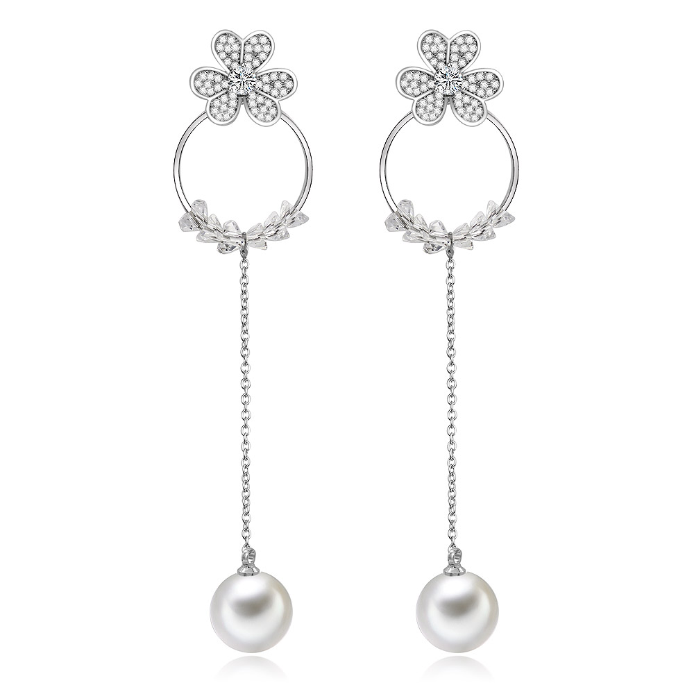 Clover Shape Long Earrings With Pearl